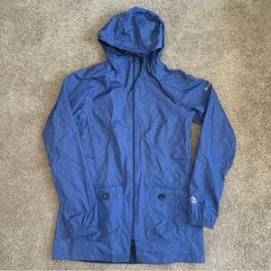 Columbia Blue Rain Jacket with Hood Button Pockets Mesh Lining Full Zip Travel